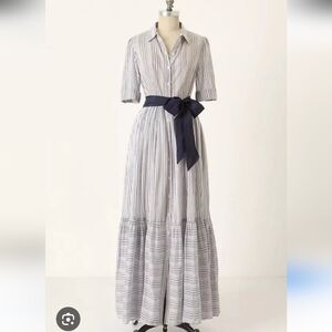 Anthropologie Sand- Skimmer Dress Striped Maxi Dress with Navy Belt
